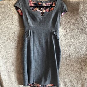Ted Baker Gray Midi Sheath Dress with Floral Trim